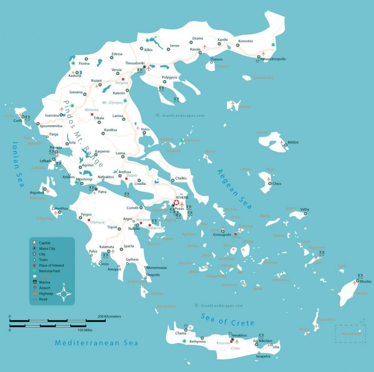 Karte von Griechenland mit den wichtigsten Städten